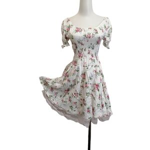 🦩🌹White Floral Smocked Sundress with Lace Trim by C-F.Z.L.
